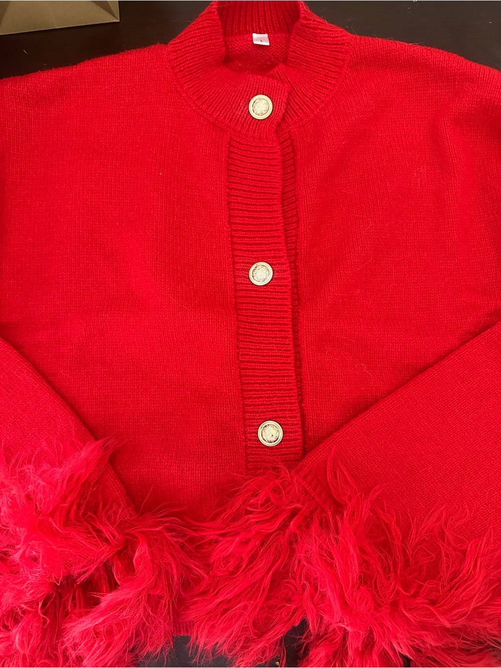 Red Feather Trim Button-Up Women's Sweater